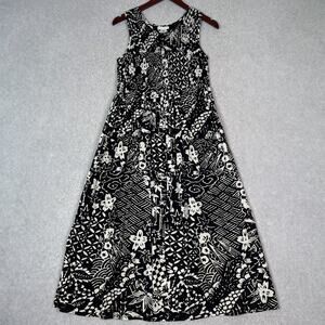 Hannah Black White Floral 100% Cotton Sleeveless Midi Dress Size Large
